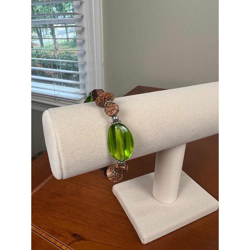 Green Glass and Natural Wood Bead Stretch Bracelet Boho Eclectic Style